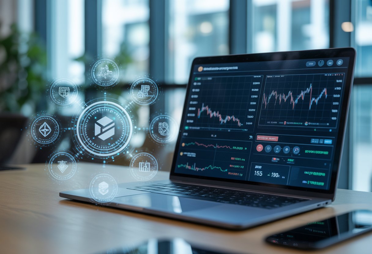 A modern workspace with a laptop showing blockchain data and floating digital icons representing cryptocurrency and network connections.