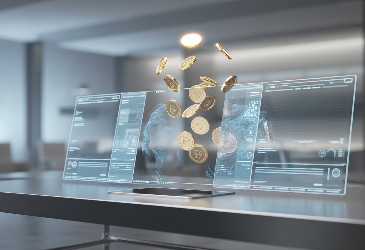 A modern workspace with floating holographic digital tokens and blockchain symbols representing a digital airdrop.