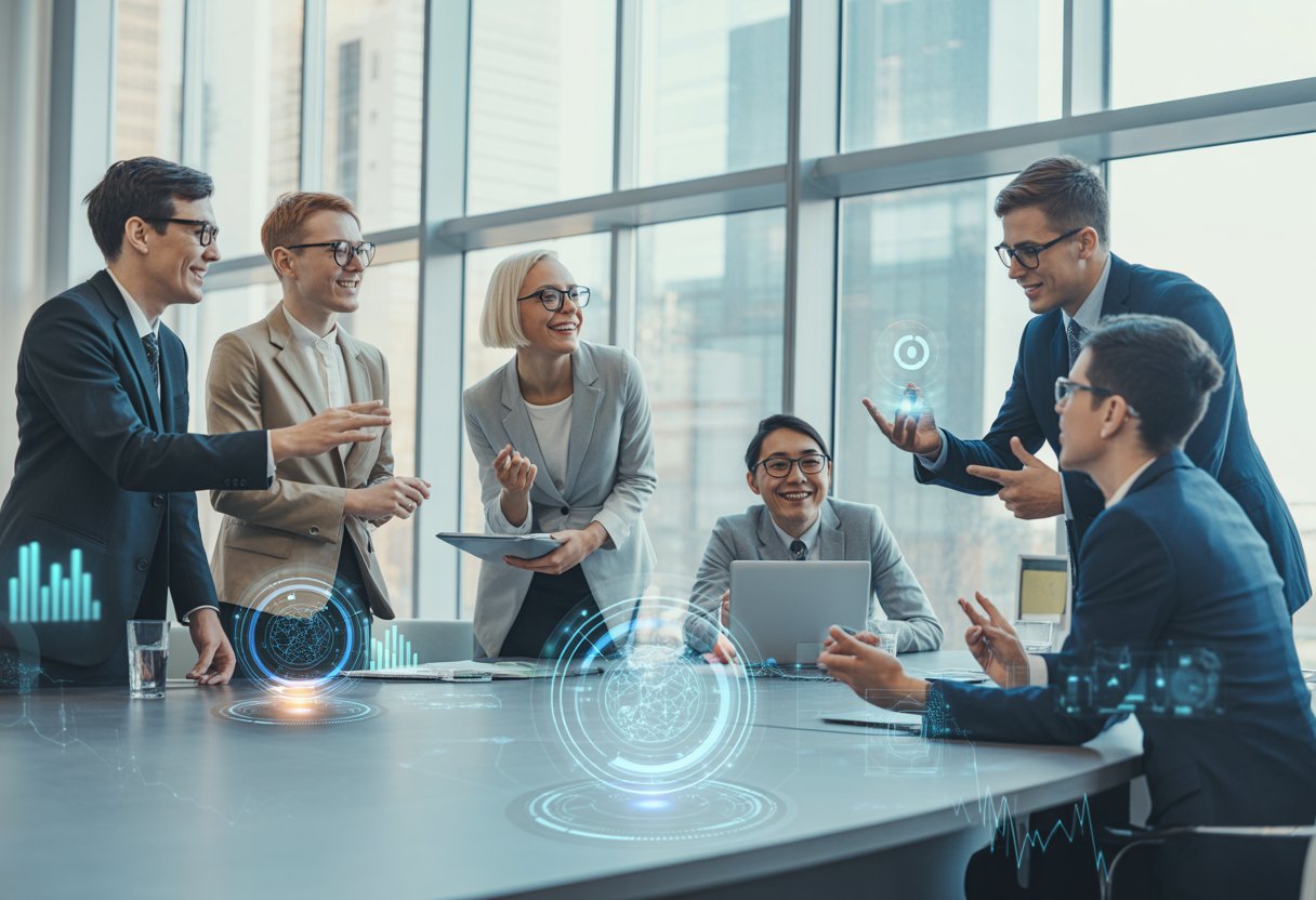 A group of professionals collaborating around a table with digital holograms representing blockchain technology in a modern office.