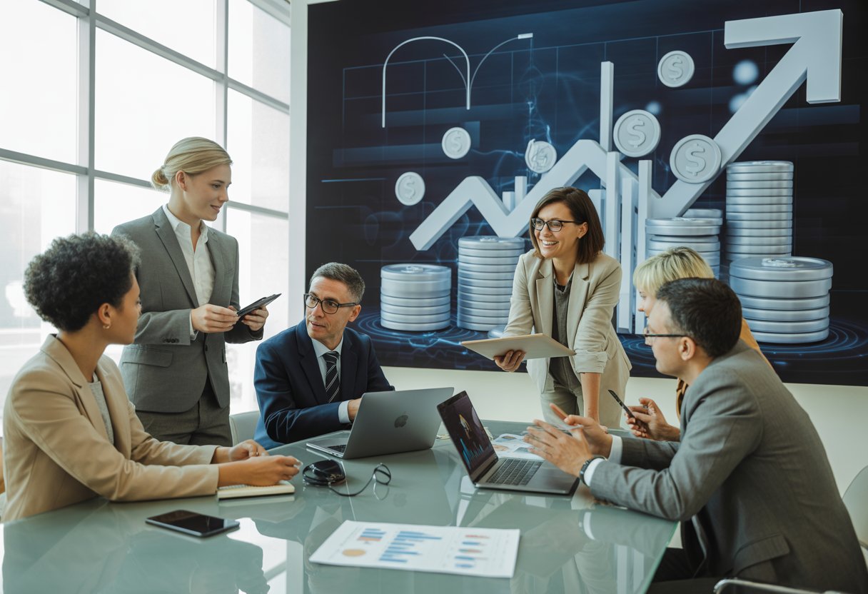 A group of business professionals in a meeting room reviewing financial charts and digital data on screens and devices.