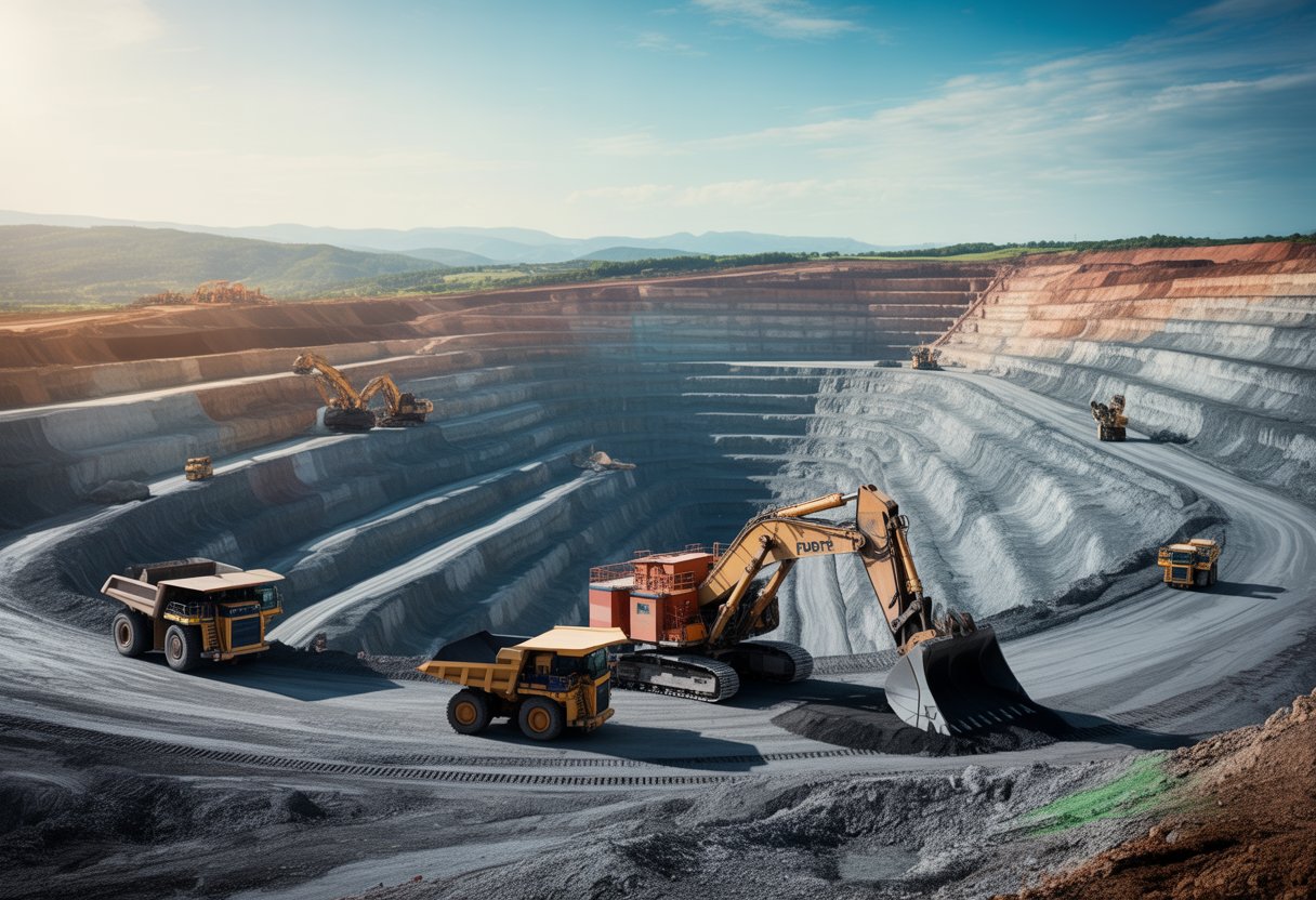 A large open-pit mine with heavy machinery working under a clear sky and distant mountains in the background.