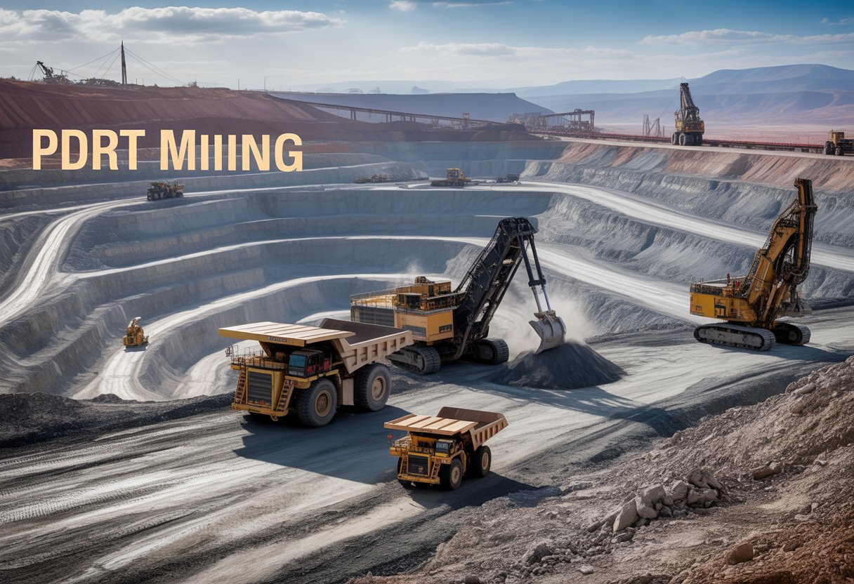 An open-pit mine with heavy machinery and terraced excavation levels under a clear sky.