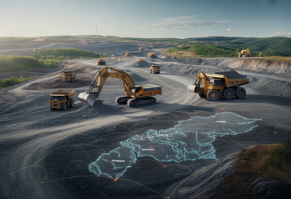 A large mining site with heavy machinery working across varied terrain and a digital map overlay showing multiple mining regions.