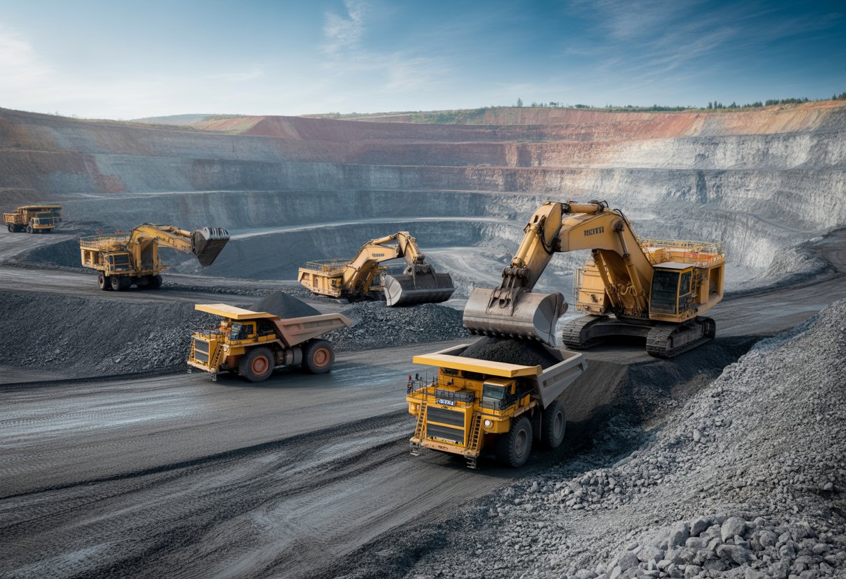 Open-pit mining site with heavy machinery extracting minerals from rocky terrain under a clear sky.