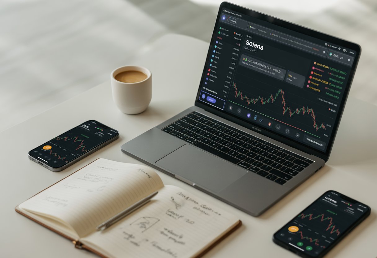 A laptop on a desk showing a digital wallet with Solana tokens, surrounded by a smartphone, notepad, and coffee cup in a clean workspace.