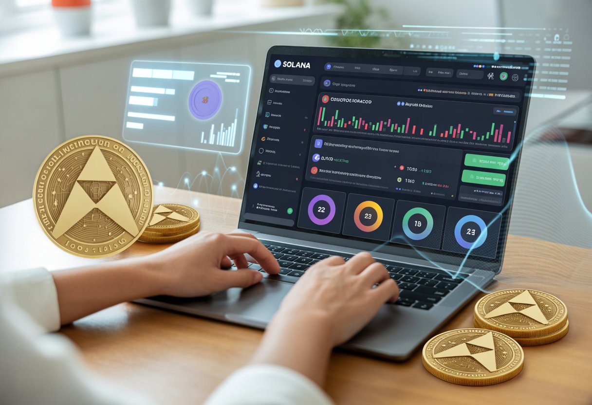 A person working on a laptop showing cryptocurrency charts and a Solana coin on the desk in a modern office.