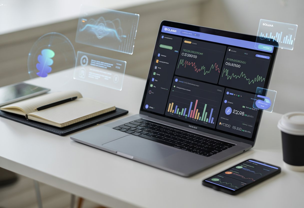 A modern workspace with a laptop, tablet, and smartphone showing cryptocurrency data and digital icons representing blockchain and airdrops.