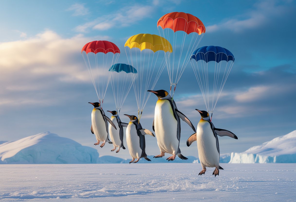 Penguins descending with colorful parachutes over a snowy mountain landscape under a blue sky.