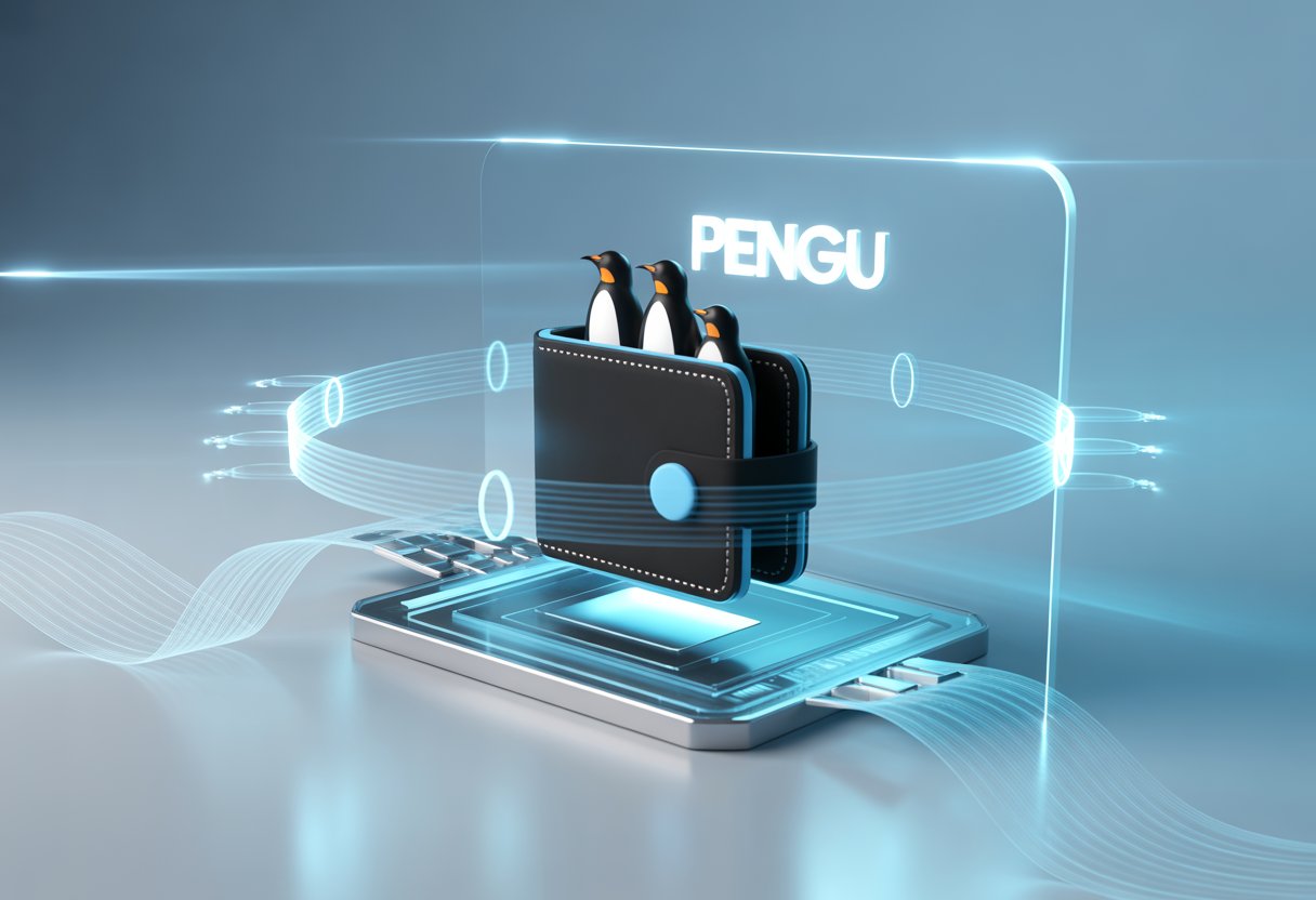 A digital wallet interface with penguin-shaped icons being distributed, surrounded by glowing network connections on a blue background.