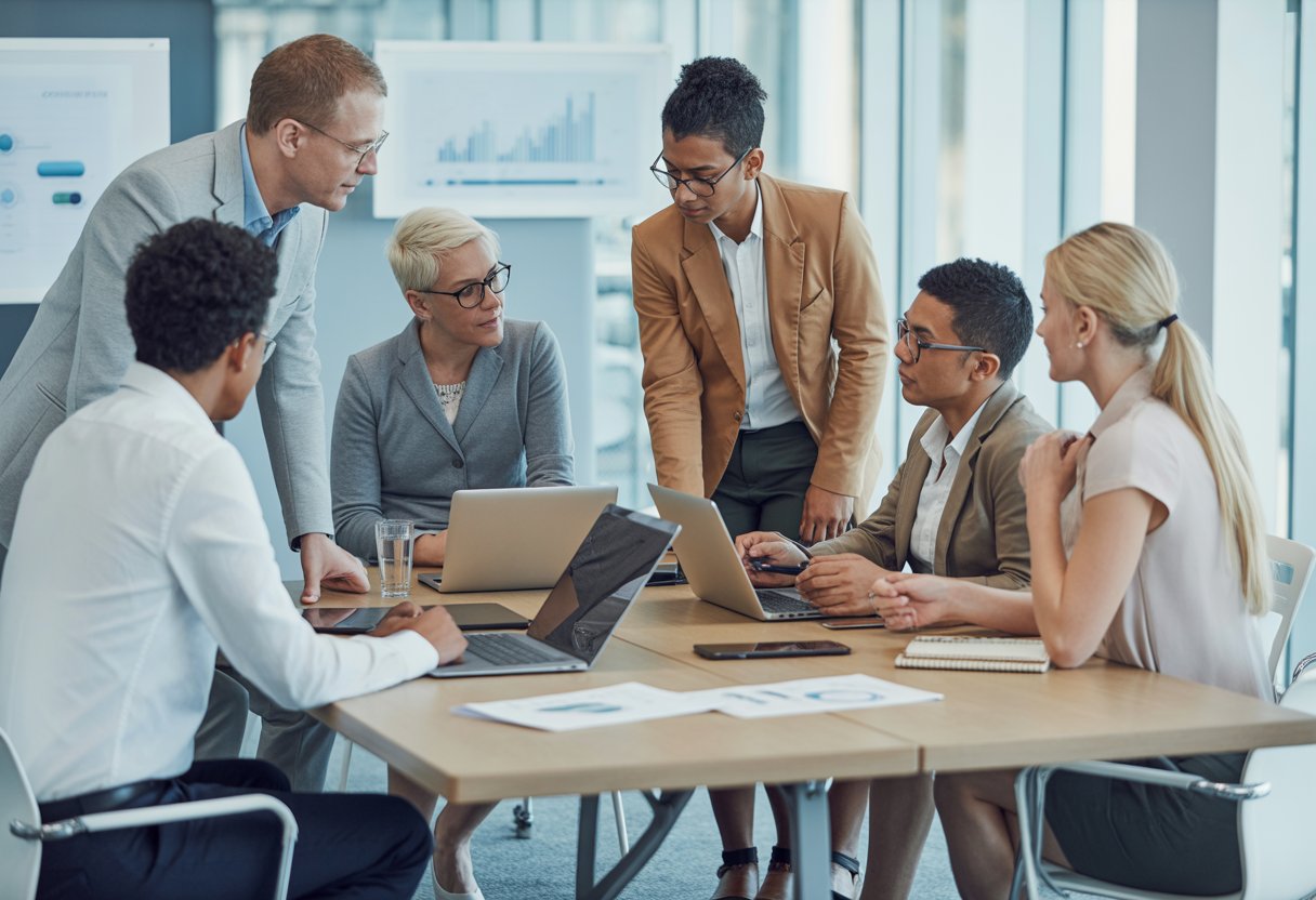 A diverse group of people having a meeting around a conference table in a bright office.