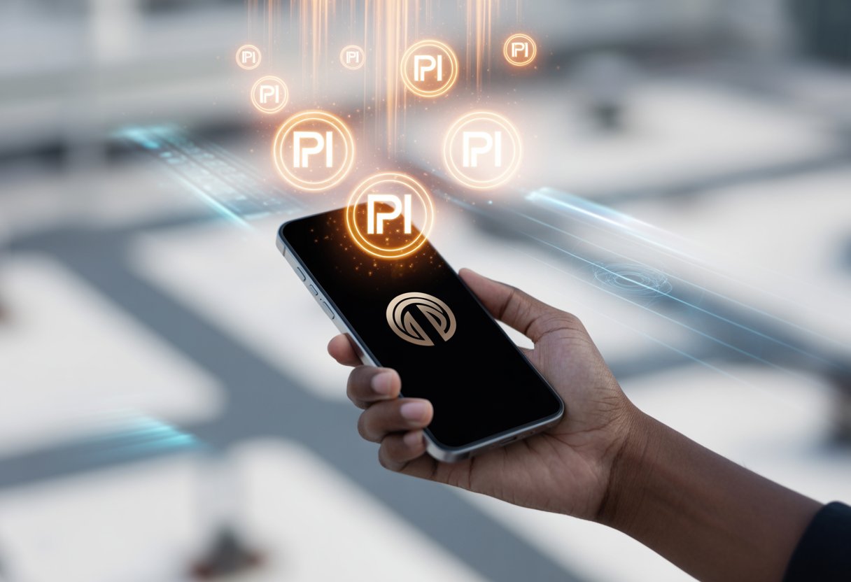 A hand holding a smartphone with glowing Pi cryptocurrency symbols floating down against a bright city background.