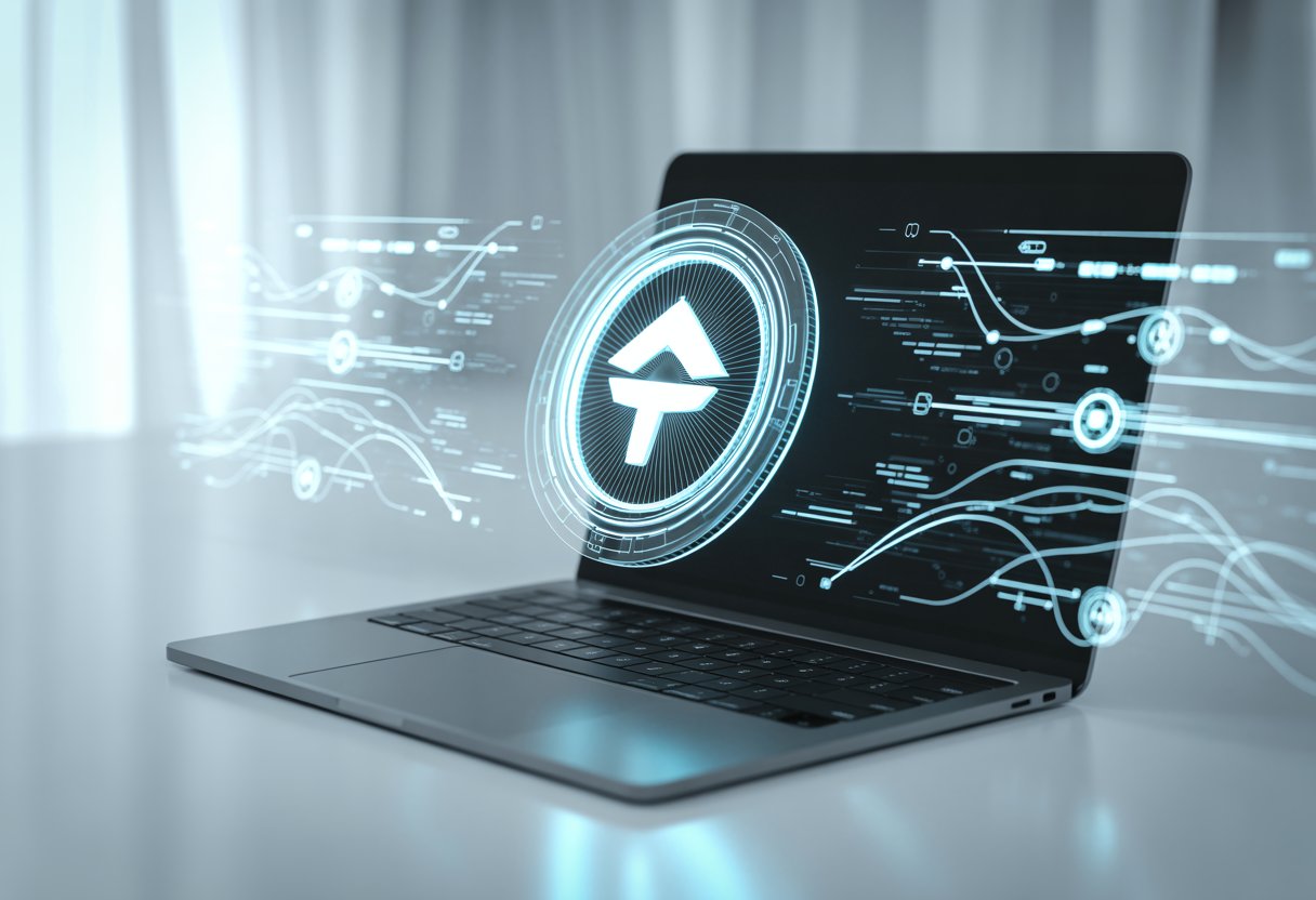 A laptop on a desk with glowing digital icons representing cryptocurrency and blockchain technology floating above it.