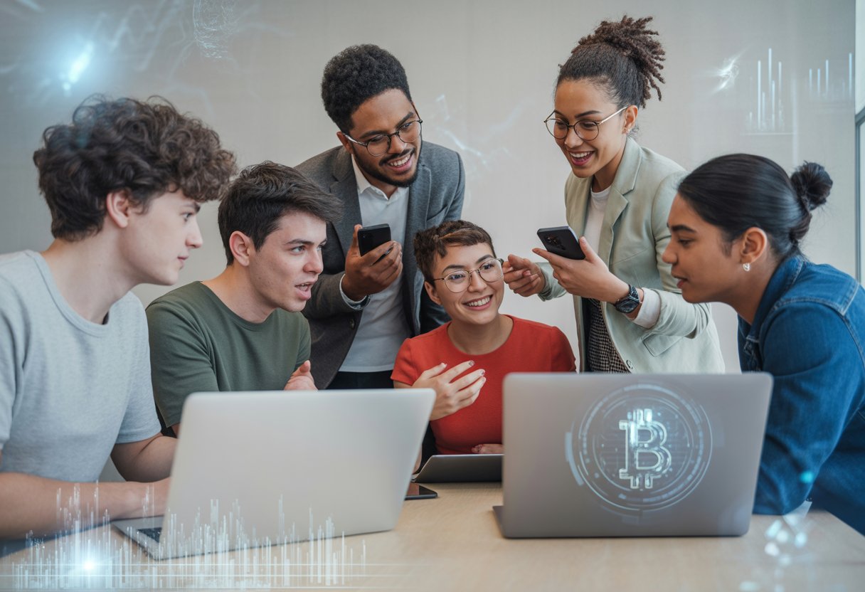 A group of young adults collaborating around laptops and smartphones in a modern workspace, discussing digital technology.