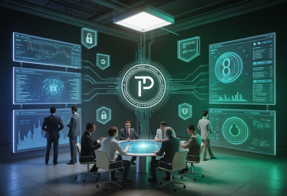 A modern workspace with digital screens showing blockchain data and network nodes, professionals collaborating around a touchscreen table, and holographic security icons representing cryptocurrency security.