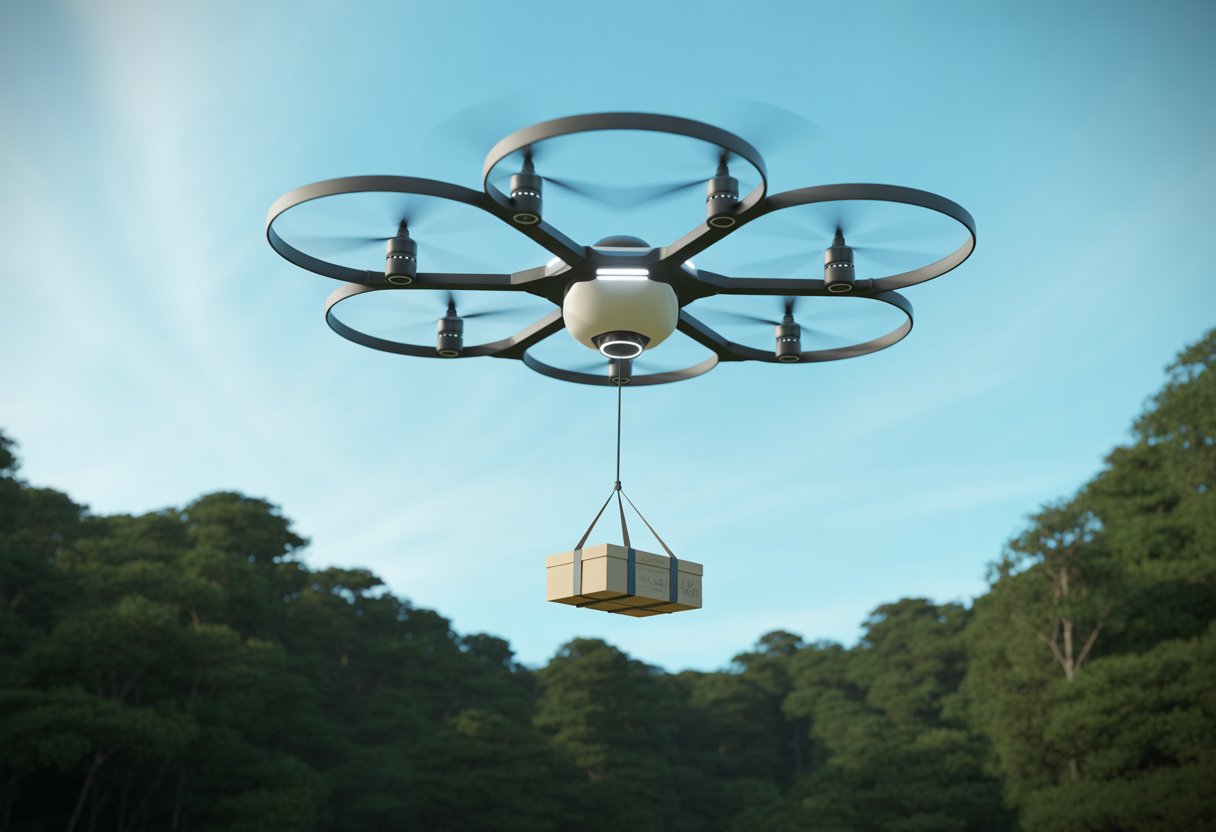A drone hovering over a forest clearing, lowering a package with a cable.