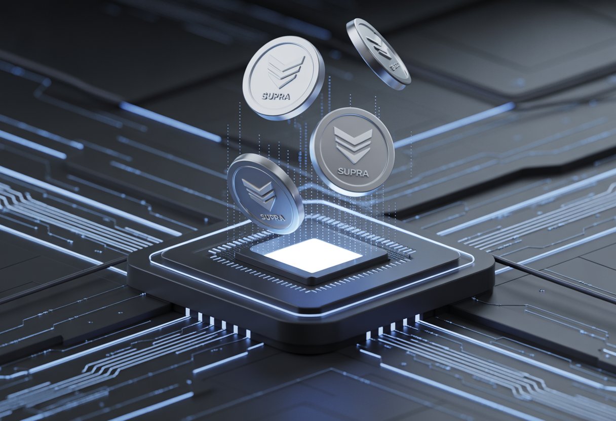 Floating digital tokens being distributed from a glowing source against a dark background with circuit patterns.