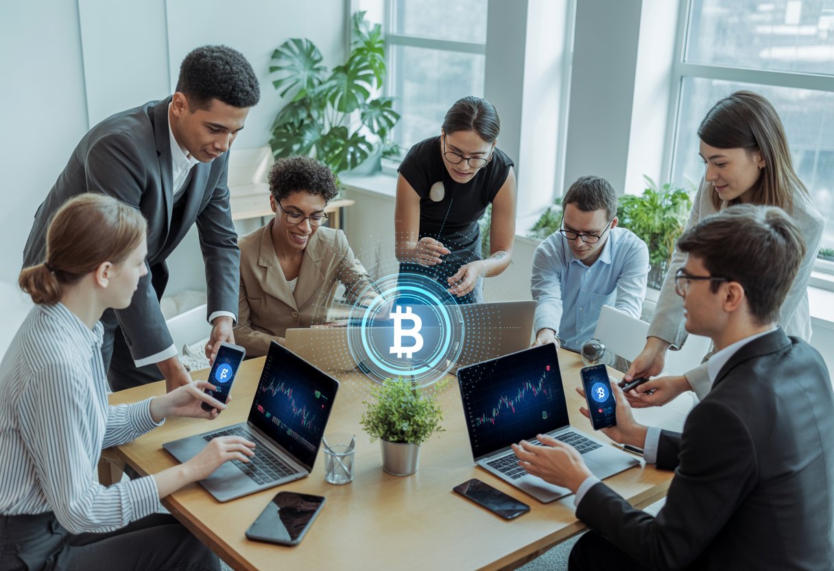 A group of young professionals working together around a table with laptops and digital devices displaying blockchain graphics.