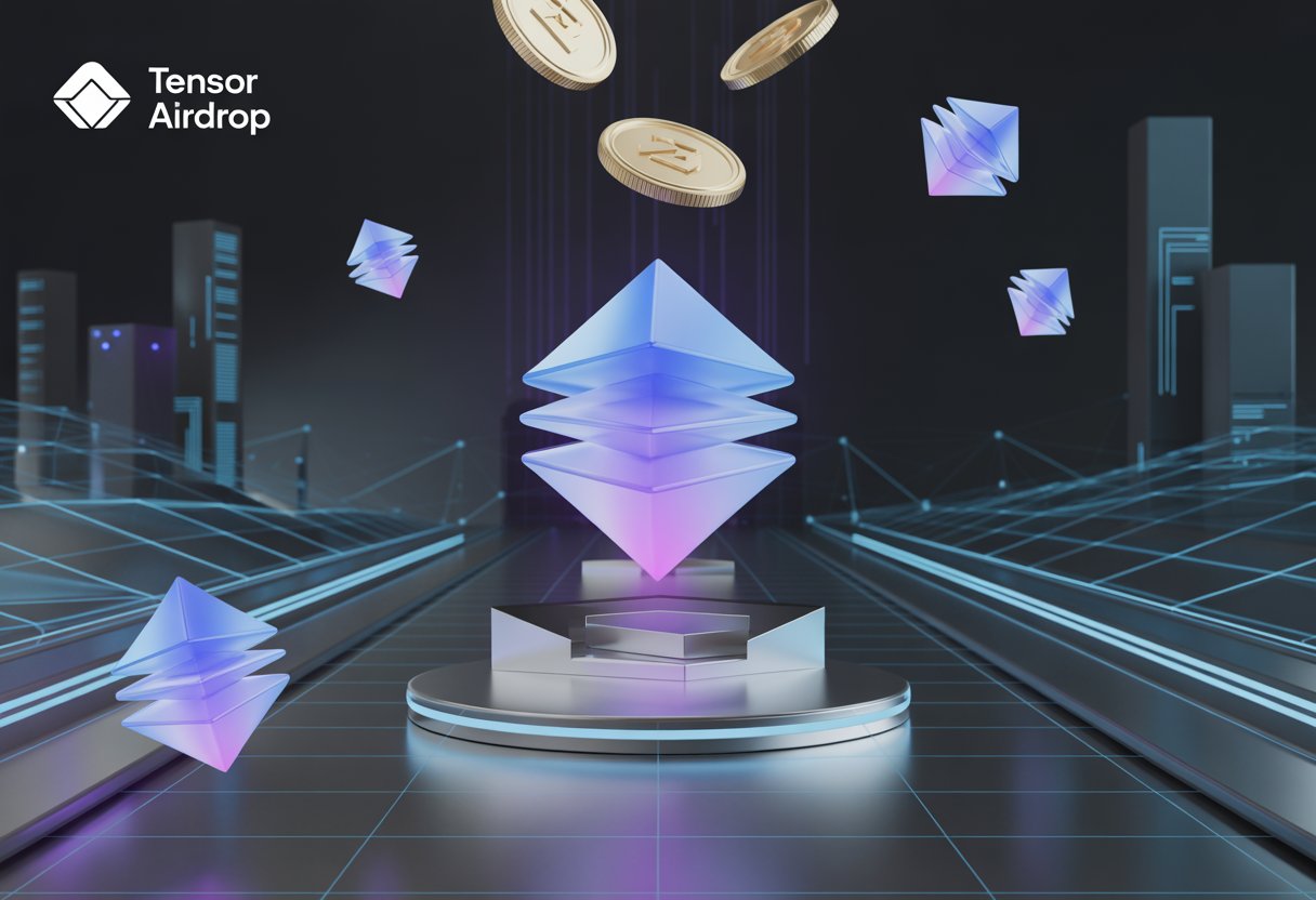 A futuristic digital scene with glowing geometric shapes and floating digital tokens descending over a modern cityscape.
