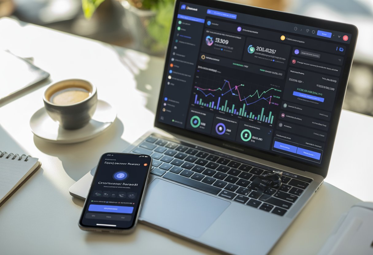 A modern workspace with a laptop and smartphone displaying cryptocurrency-related dashboards and notifications on a clean desk.