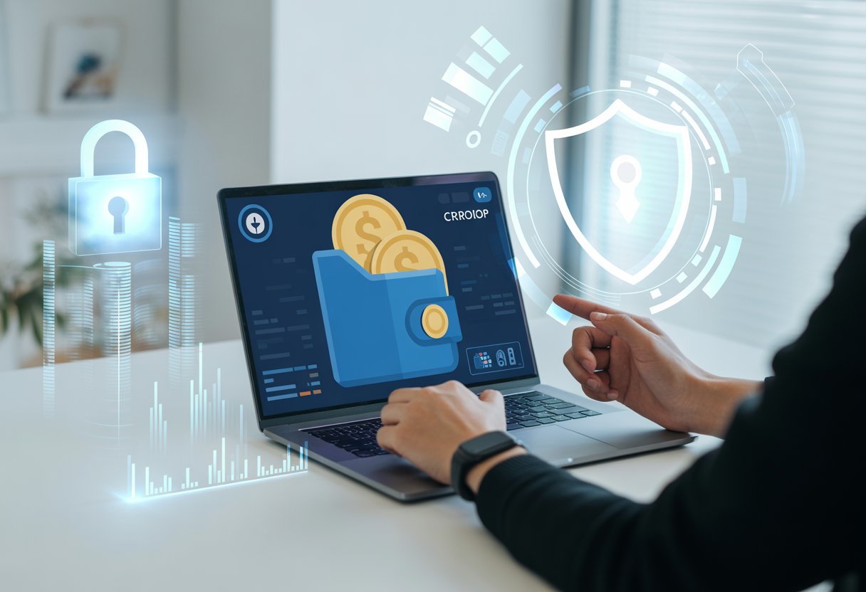 A person using a laptop showing digital wallet icons and security symbols representing claiming and securing cryptocurrency rewards.