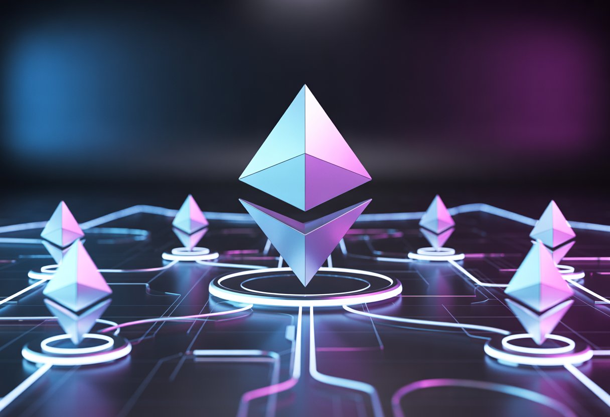 A futuristic digital network showing interconnected blockchain nodes with Ethereum logos and a glowing scroll symbol representing a blockchain project.