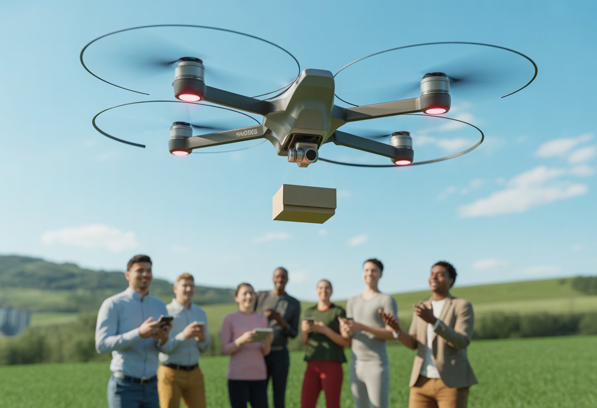 A drone releasing a small package mid-air over a green field where people wait below.