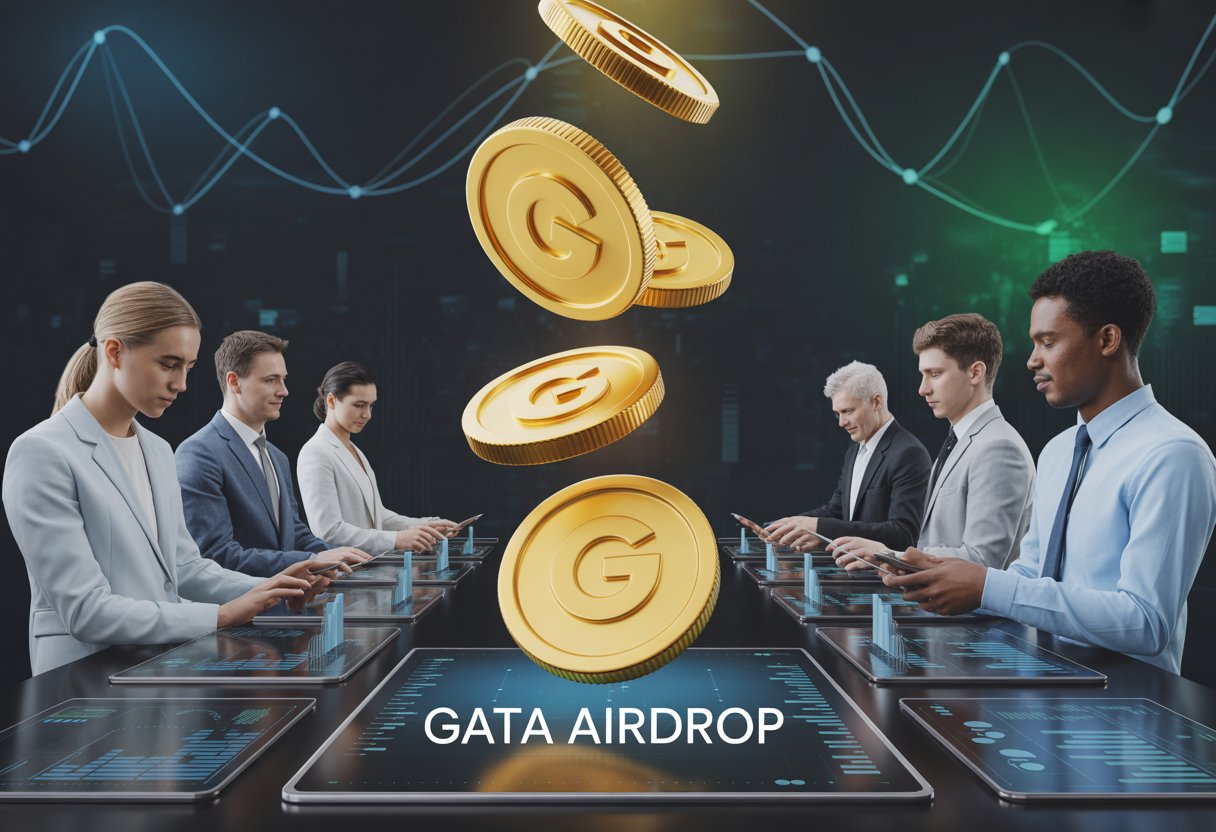 A group of professionals interacting with futuristic digital tablets showing cryptocurrency symbols, with golden coins floating above them in a high-tech environment.