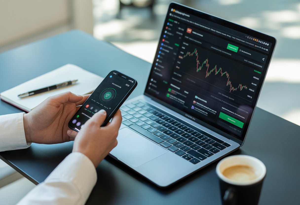 A person using a laptop and smartphone at a clean desk, engaging with cryptocurrency apps.