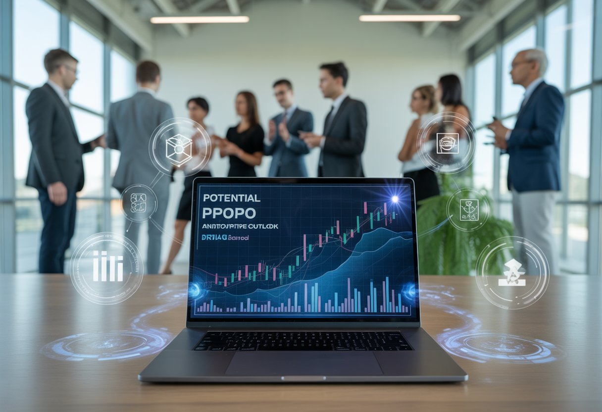 A modern office scene with professionals discussing around a laptop showing digital financial charts and floating cryptocurrency icons.