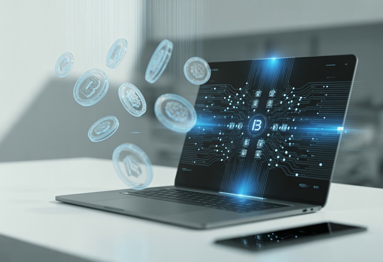 A laptop on a desk showing blockchain network graphics with floating digital tokens descending around it.