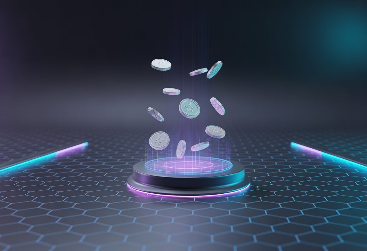 A digital scene showing floating tokens being distributed from a glowing hub over a hexagonal mesh background.