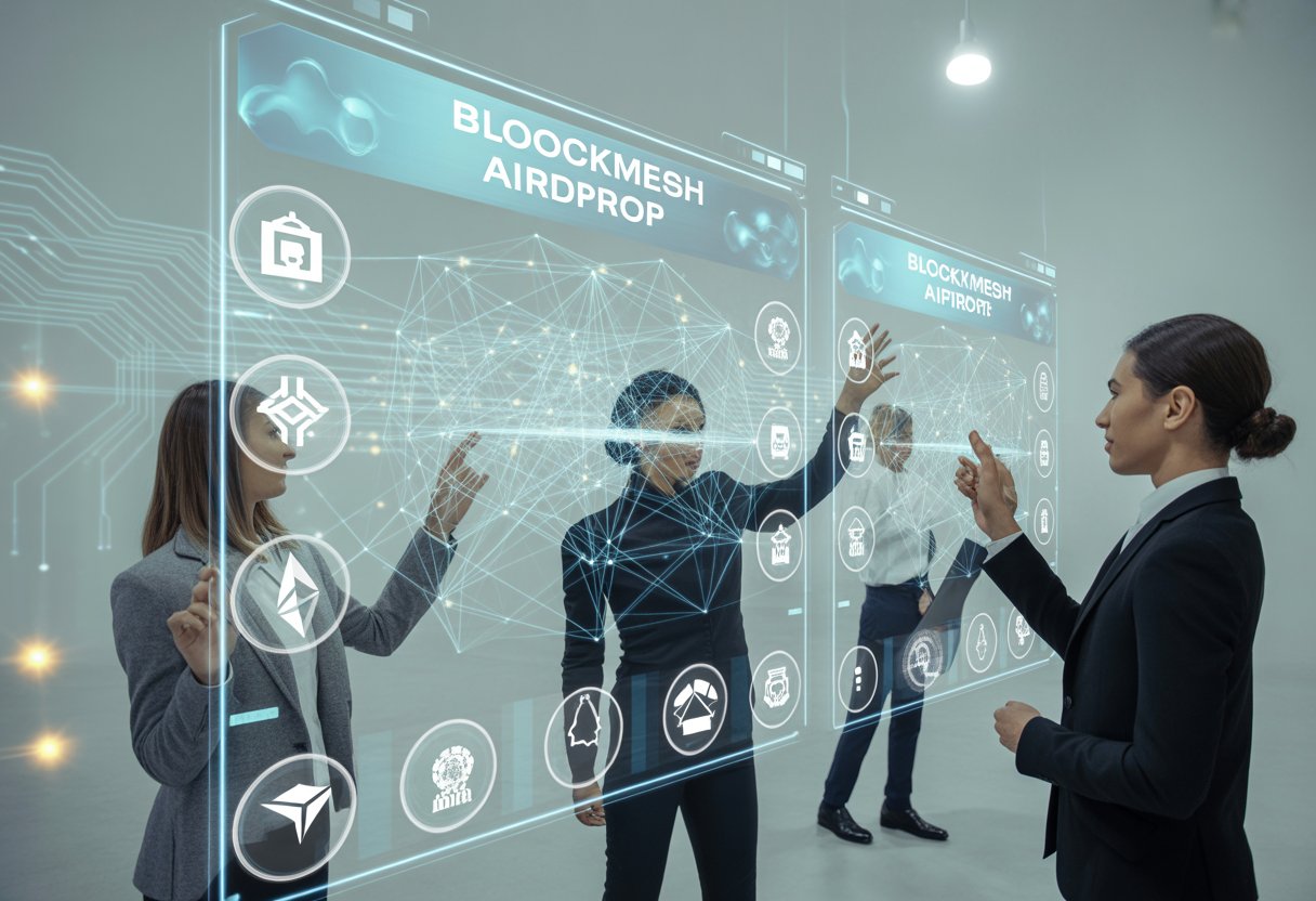 People interacting with futuristic holographic screens showing digital tokens and blockchain networks in a modern office.