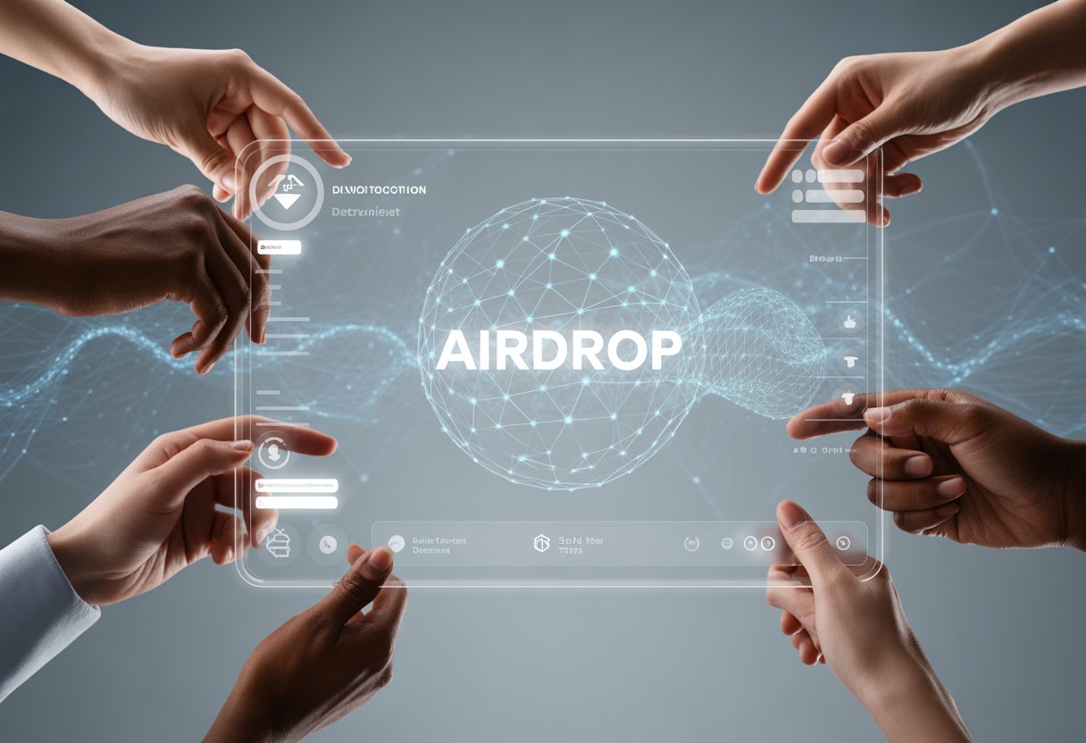 Hands interacting with a futuristic touchscreen displaying digital tokens being distributed over a network with abstract blockchain graphics in the background.