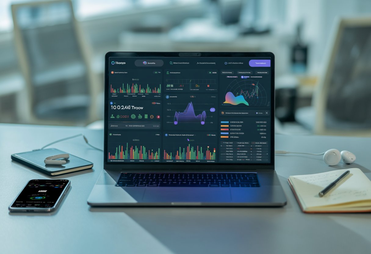 A modern workspace with a laptop displaying colorful digital charts and graphs related to cryptocurrency, surrounded by tech accessories on a clean desk.