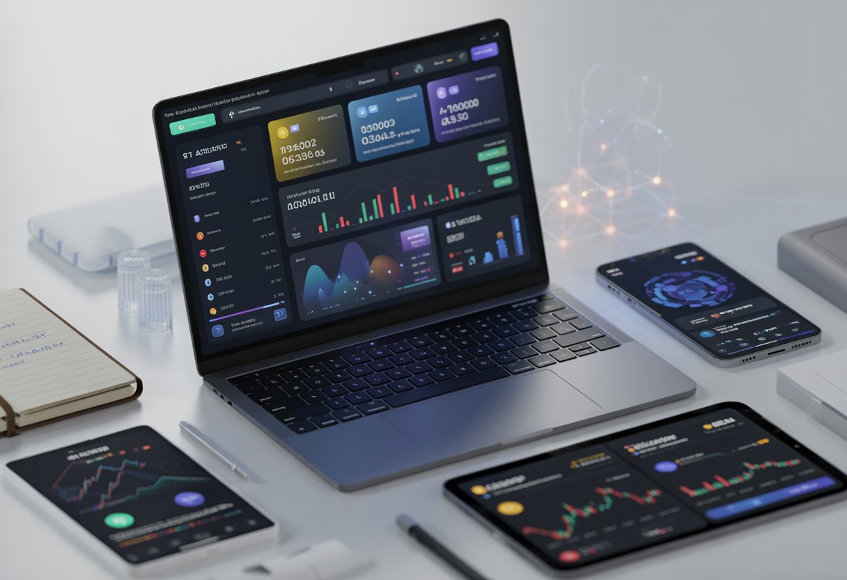 A modern workspace with a laptop, smartphone, and tablet displaying cryptocurrency data and charts.