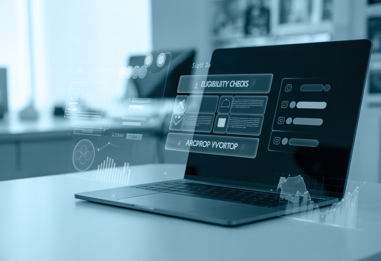 A laptop on a desk displaying digital interface elements related to blockchain and airdrop verification, surrounded by icons and graphs in a modern workspace.