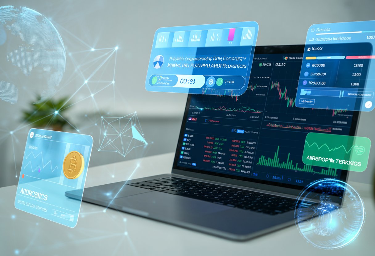 A modern workspace with a laptop showing financial charts and holographic interfaces representing cryptocurrency tokenomics and market data.