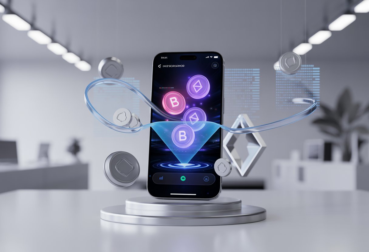 A smartphone showing digital tokens being transferred with abstract floating shapes around it in a modern office setting.