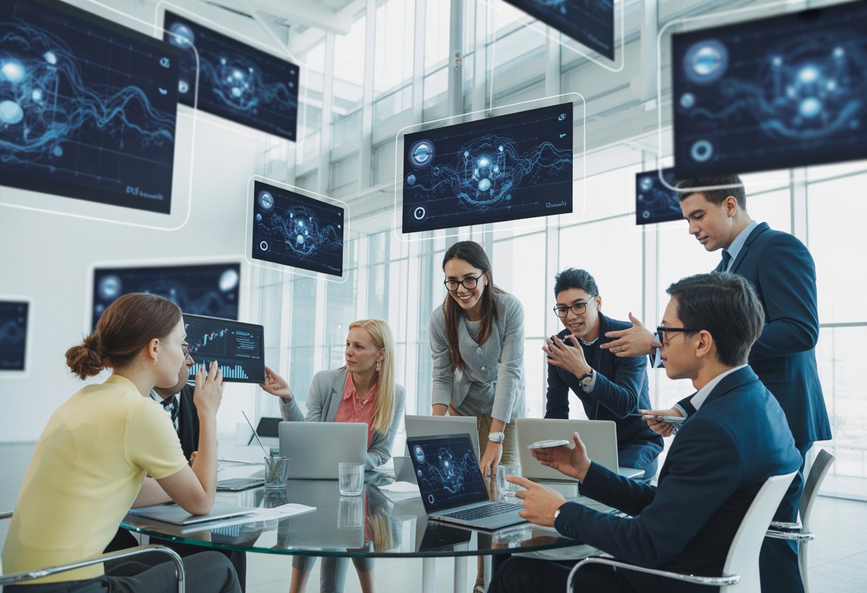 A group of young professionals discussing cryptocurrency data displayed on transparent digital screens in a bright modern office.