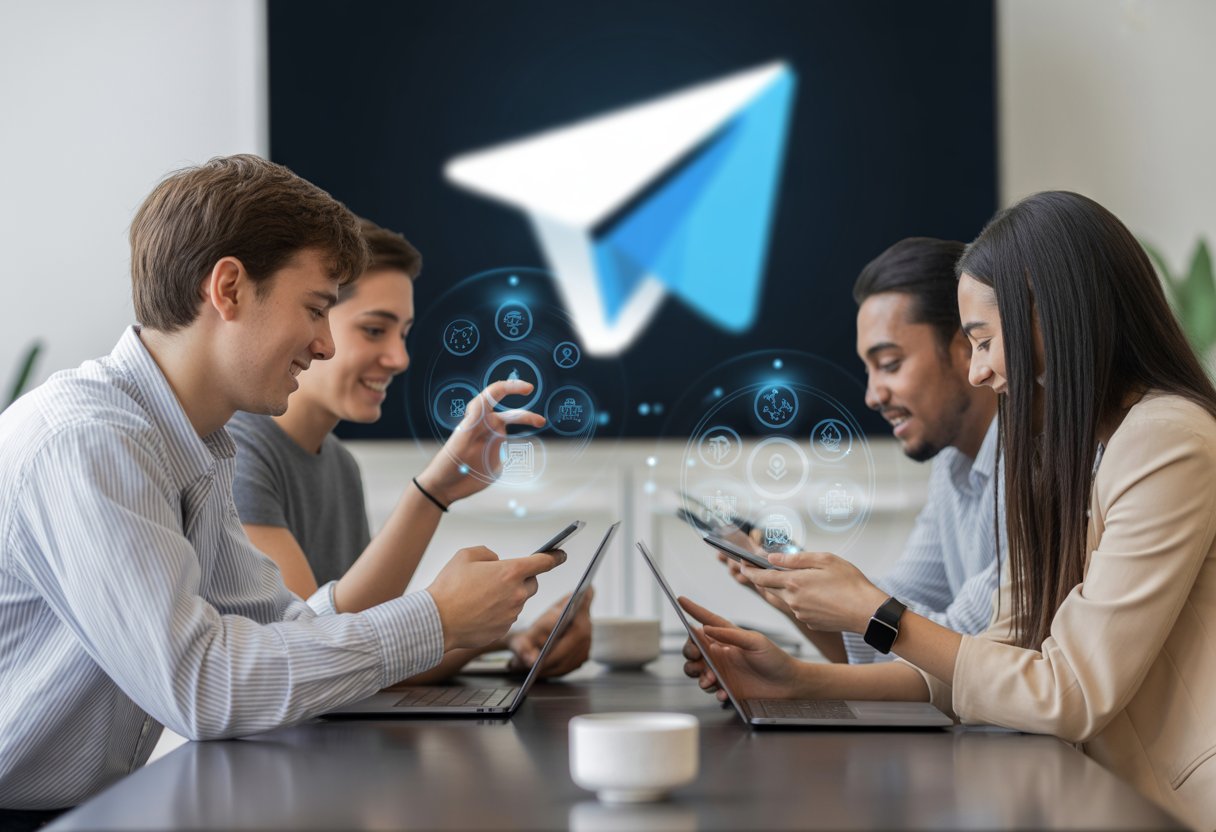 A group of young adults using smartphones and laptops around a table with a blurred chat interface on a screen in the background.