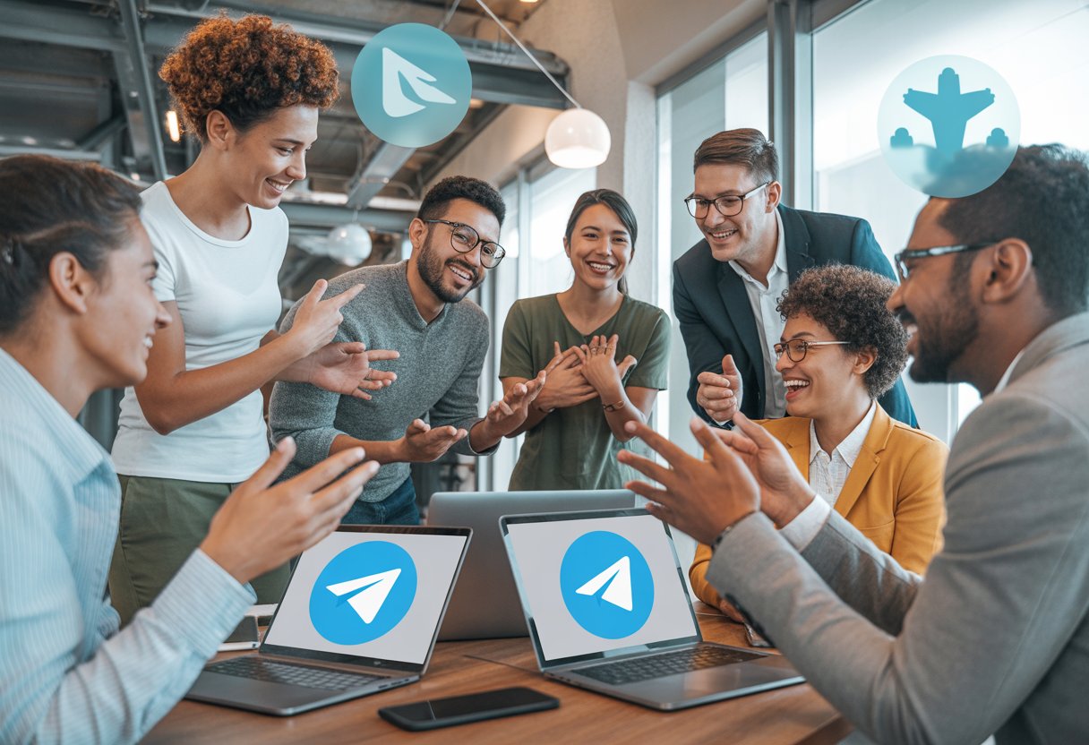 A diverse group of people collaborating around a table with laptops and smartphones, engaging in a lively discussion.