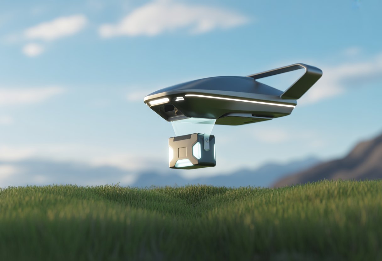 A drone delivering a high-tech package over a green field under a blue sky with mountains in the background.