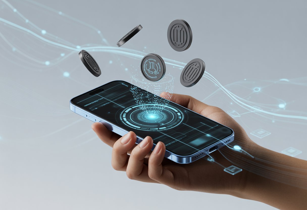 A hand holding a smartphone with glowing digital tokens and network elements floating around it.
