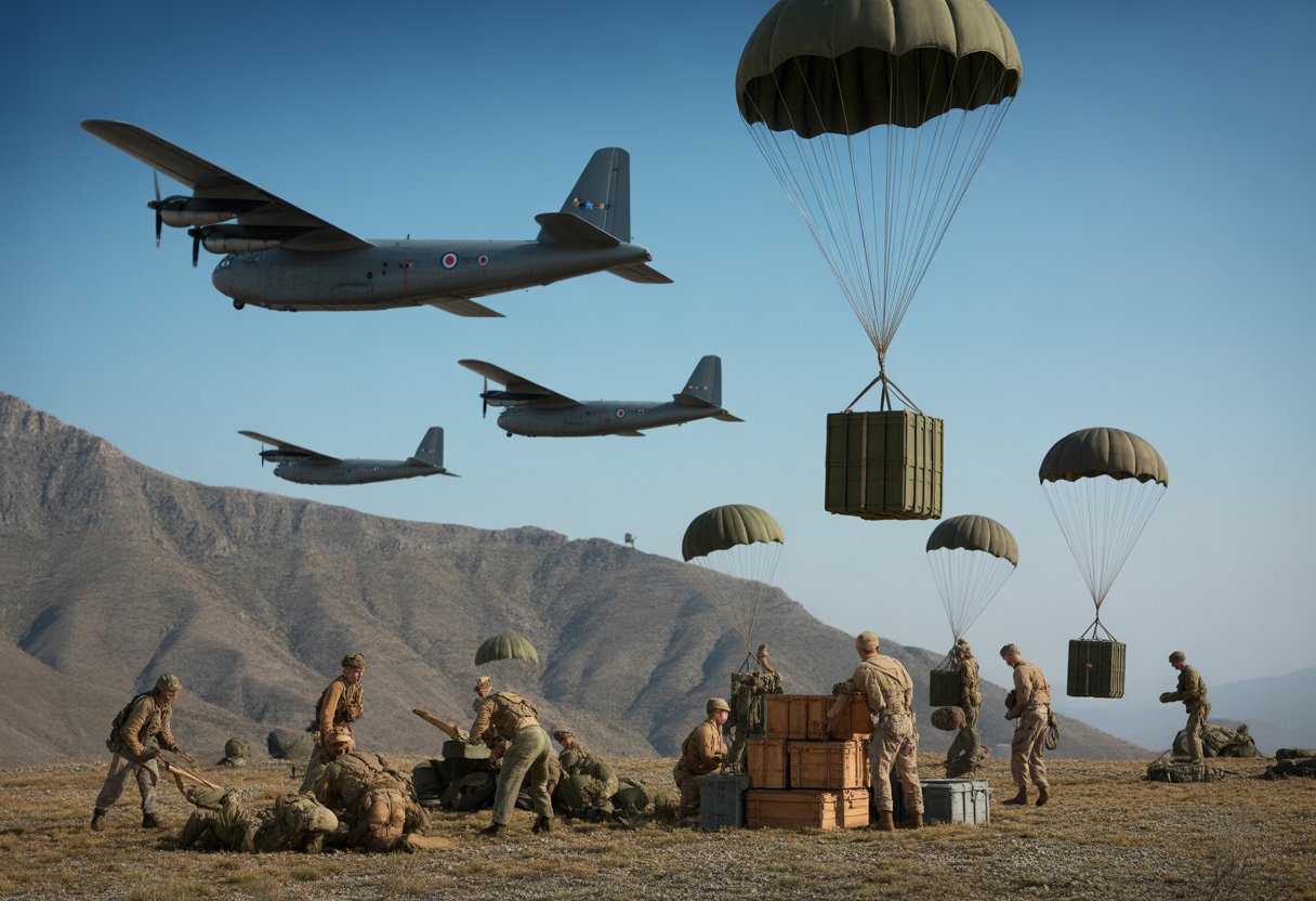 Military planes dropping parachuted supplies to soldiers in a mountainous area during a historical airdrop operation.