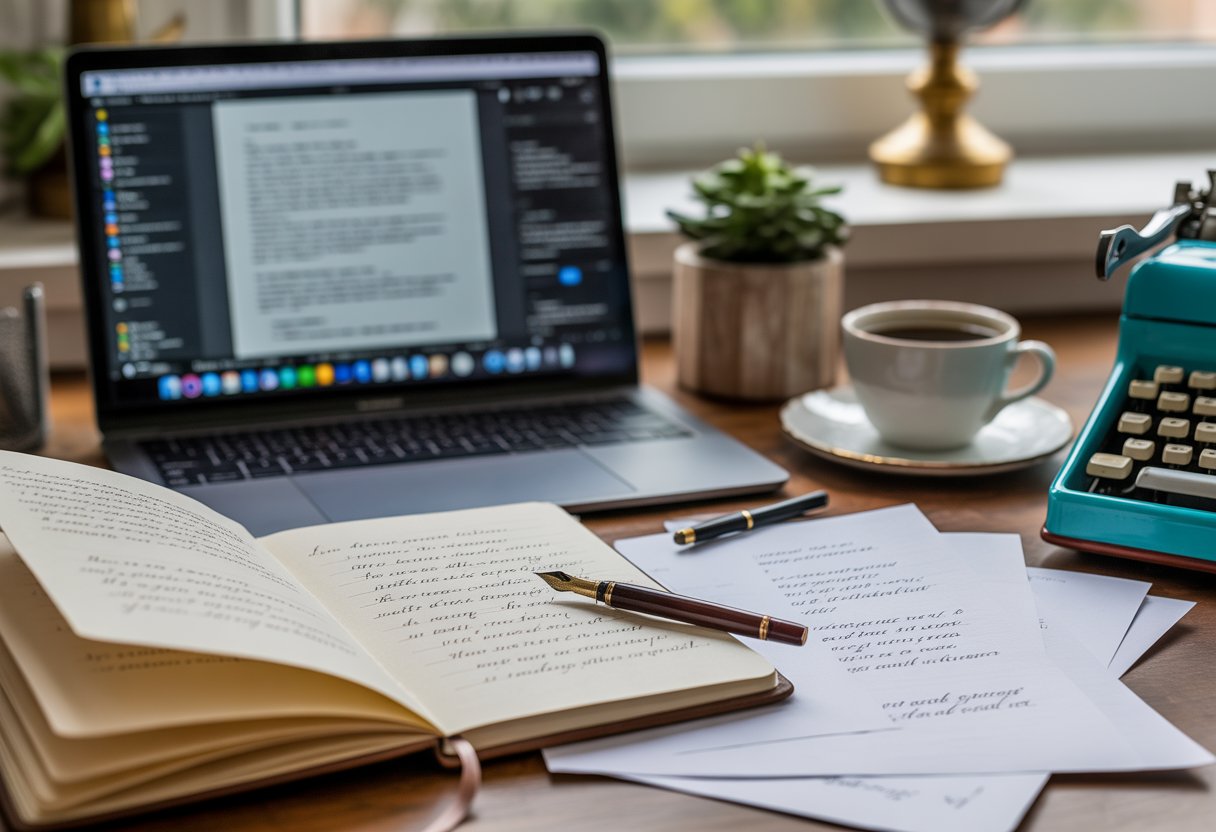 A workspace with an open notebook containing handwritten poetry, a fountain pen, scattered papers, a laptop, a coffee cup, and a small plant on a desk.