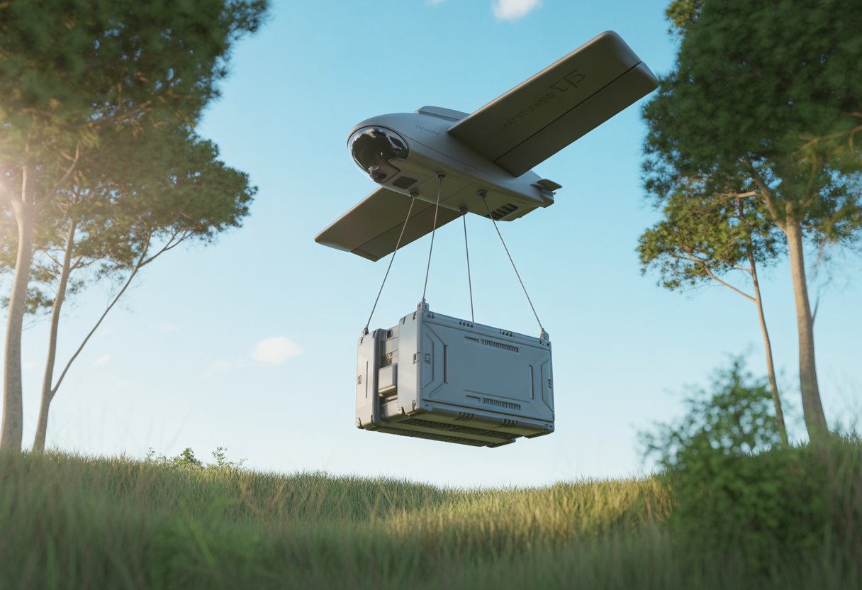 A drone lowering a secure cargo container over a forest clearing with trees and sunlight.