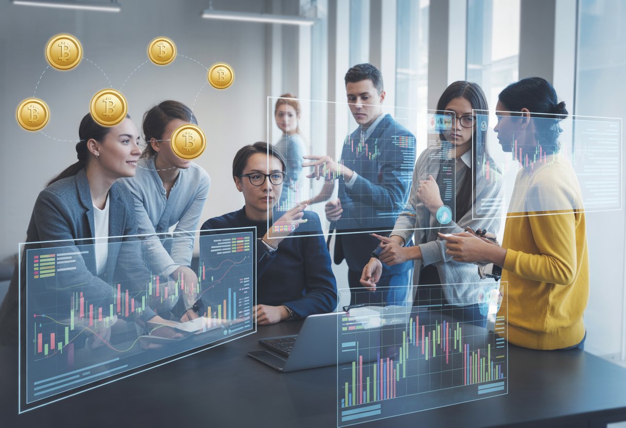 A group of young professionals discussing digital charts and floating tokens in a bright modern office.