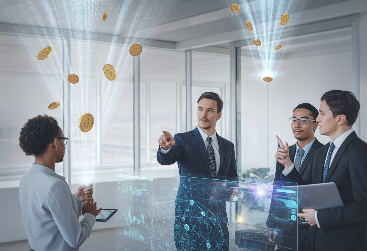 A group of business professionals collaborating around a digital interface showing blockchain networks and floating digital tokens in a modern office.