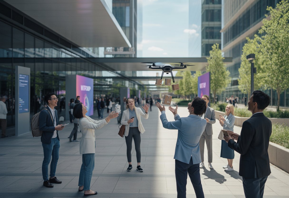 People gathered in a modern urban plaza watching a drone releasing small packages during a commemorative event.