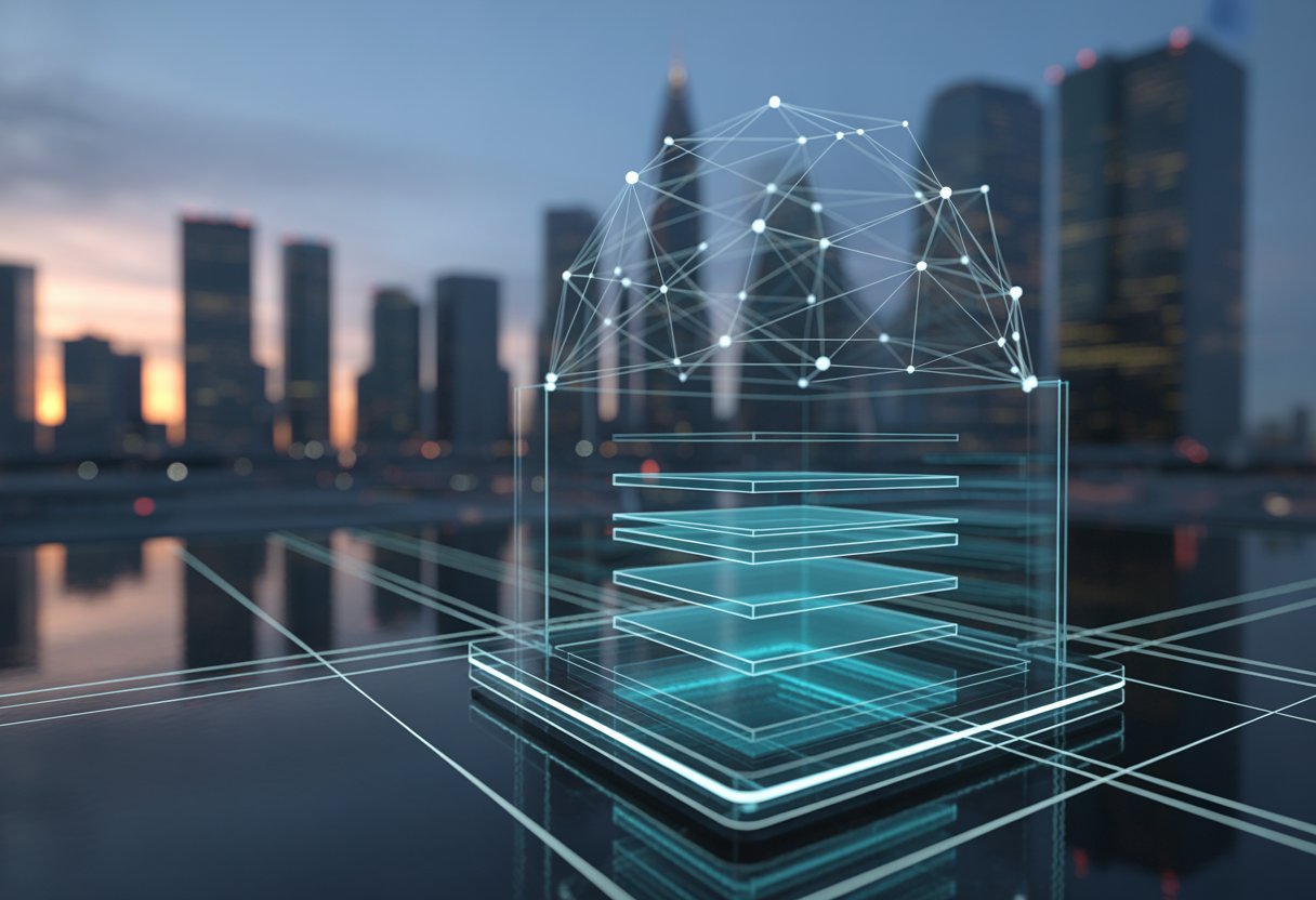 A futuristic cityscape at dusk with glowing interconnected nodes and a holographic interface showing layered geometric shapes.